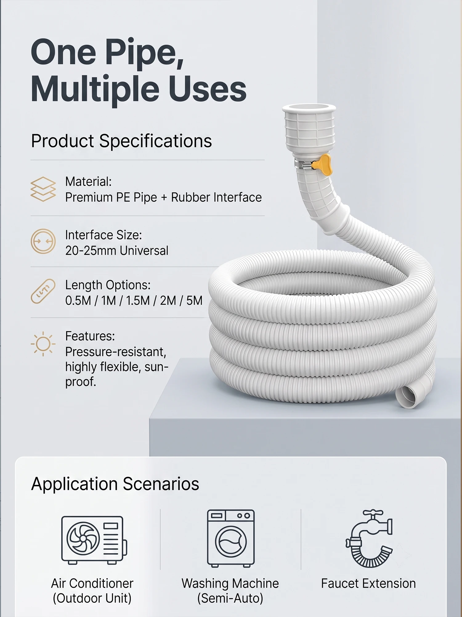 Flexible Air Conditioner Drain Hose Extension Pipe Outdoor Unit Water Tube Replacement Connector UV Resistant Sunproof Line