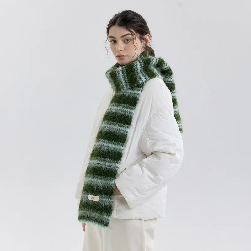 

New Korean Version Striped Color Blocked Scarf Women Warm Fleece Knitted Scarves Female Winter Fashion Neck Warmer Muffler Lady