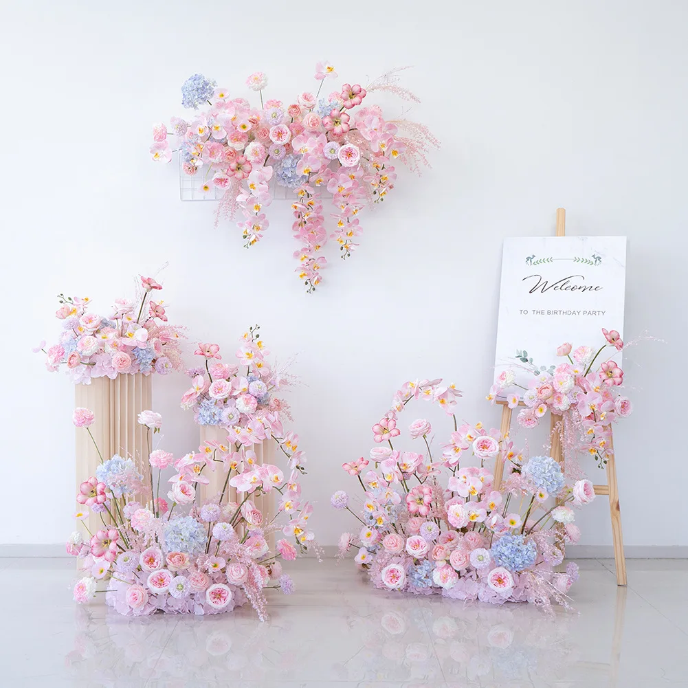 Wedding pink series finished row road wedding hall layout floor row simulation silk flower decoration