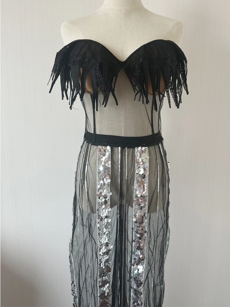 Shiny Silber Pailletten Schwarz Sexy Mesh Perspektive Pailletten Bh Overall Sänger Tanz Kleidung Leistung Kostüm Drag Queen Tragen