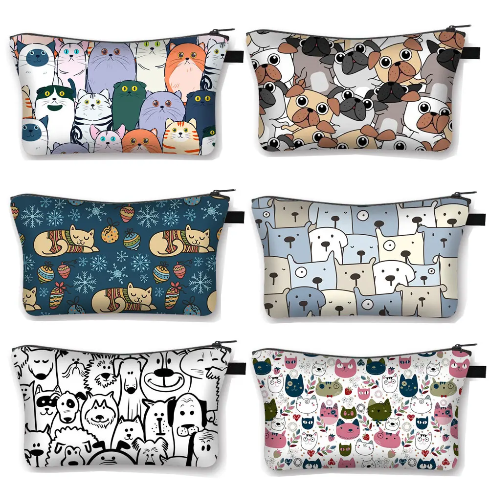 Kawaii Cartoon Cat Dog Cosmetic Case Cute Kitten Puppy Makeup Bags Women Toiletries Bags Clutch Lipstick Pouch Girl Cosmetic Bag