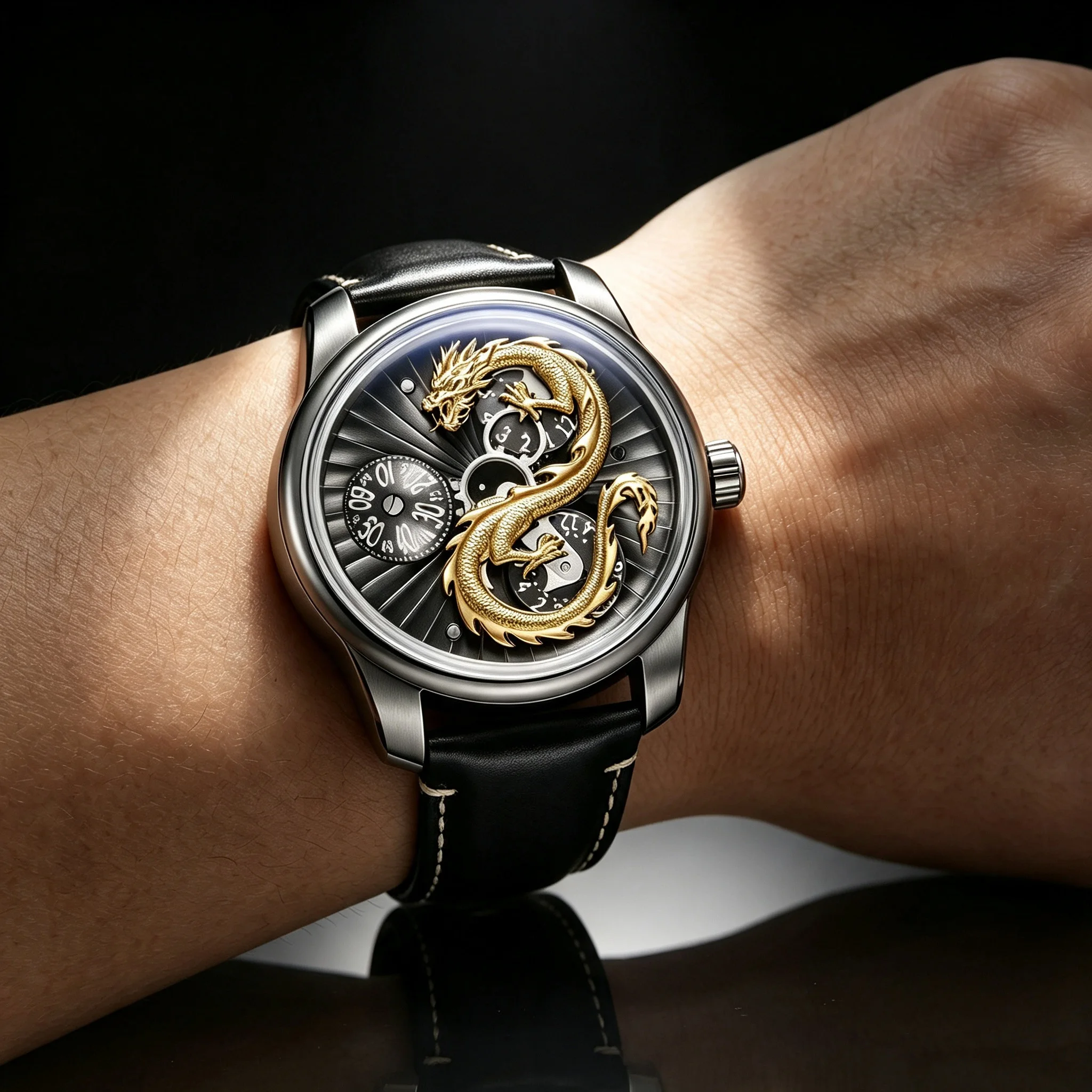 OBLVLO Men's Automatic Mechanical Watch — Rotating dragon-pattern dial, sapphire crystal, luminous display, water-resistant.
