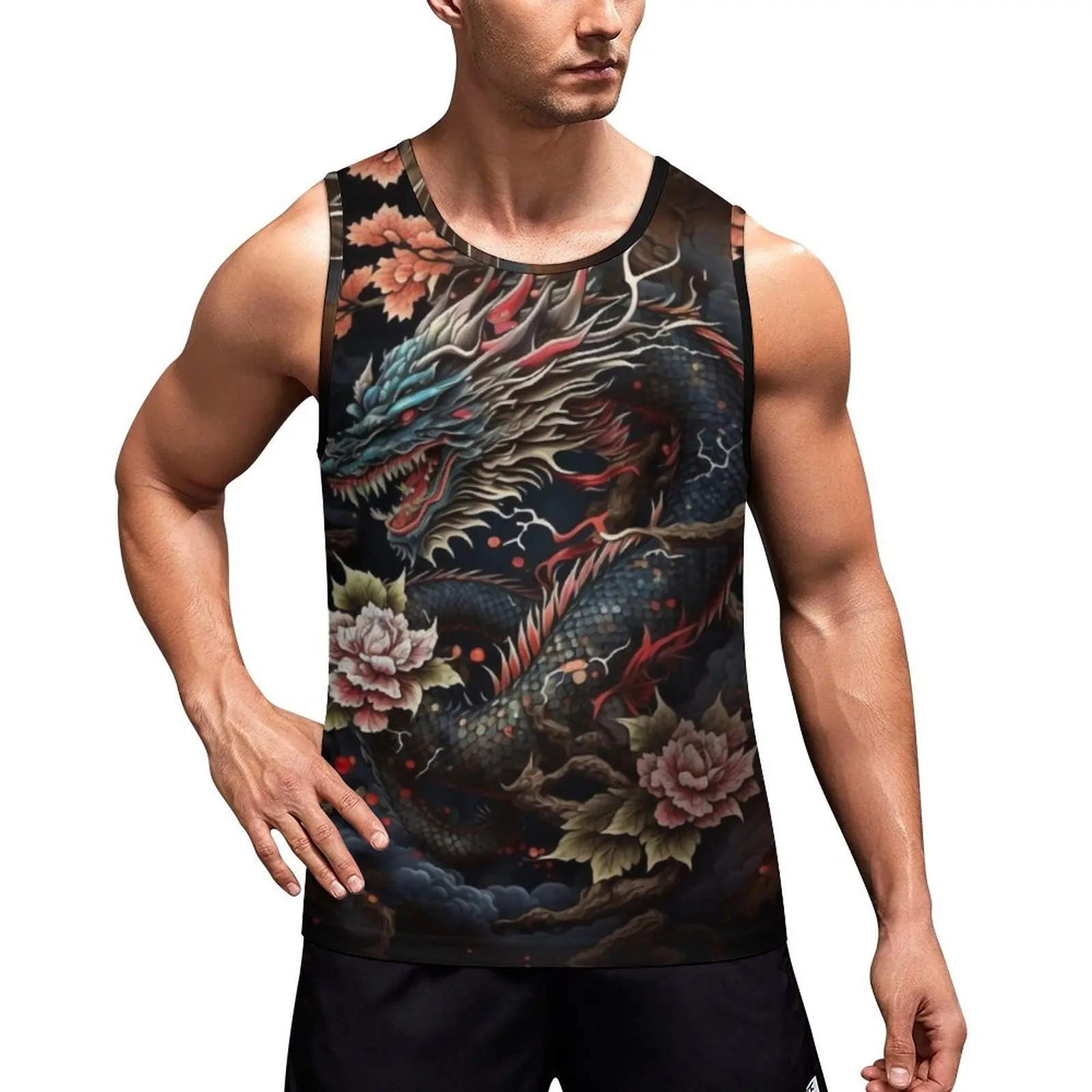 Fortune Dragon Tank Top Man's Floral Print Training Oversized Tops Daily Trendy Pattern Sleeveless Shirts