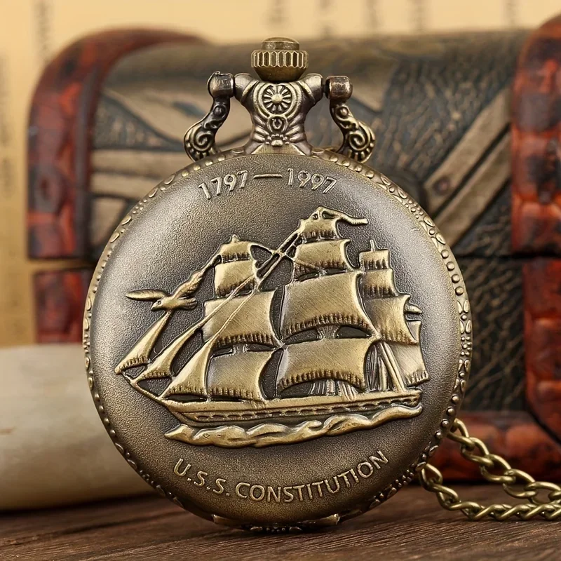 

Men's Vintage Bronze Sailboat Pocket Watch Necklace - Stylish and Functional Timepiece