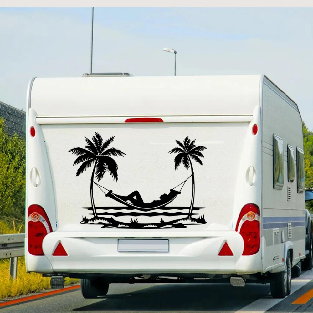 

Relaxed Under Palm Trees Caravan Car Sticker Decal Summer Beach Vacation Camper Rv Motorhome Vinyl Decor
