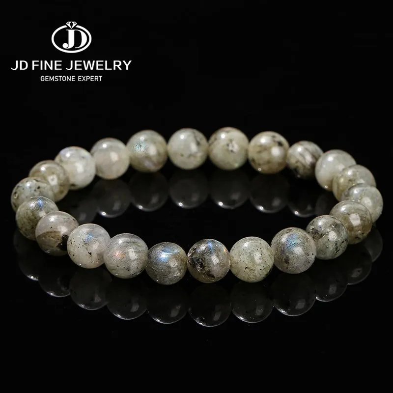 JD Natural White Spectrolite Stone Round Bead Strand Bracelet Women Men Charm Labradorite Irisation Stretch Bangles Couple Gift