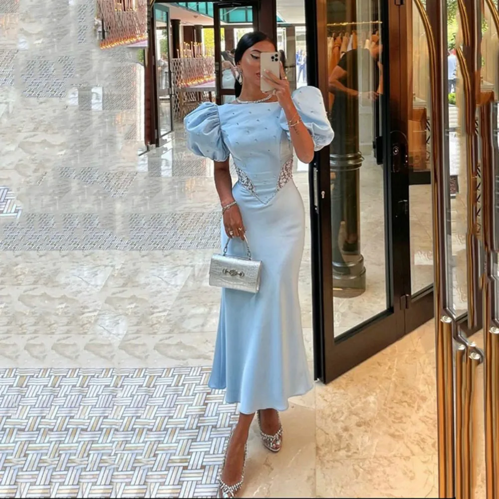 Sky Blue Arabic Evening Dresses Short Sleeves Satin Prom Gowns Mermaid Dubai Beads Formal Women Party Dress 2023