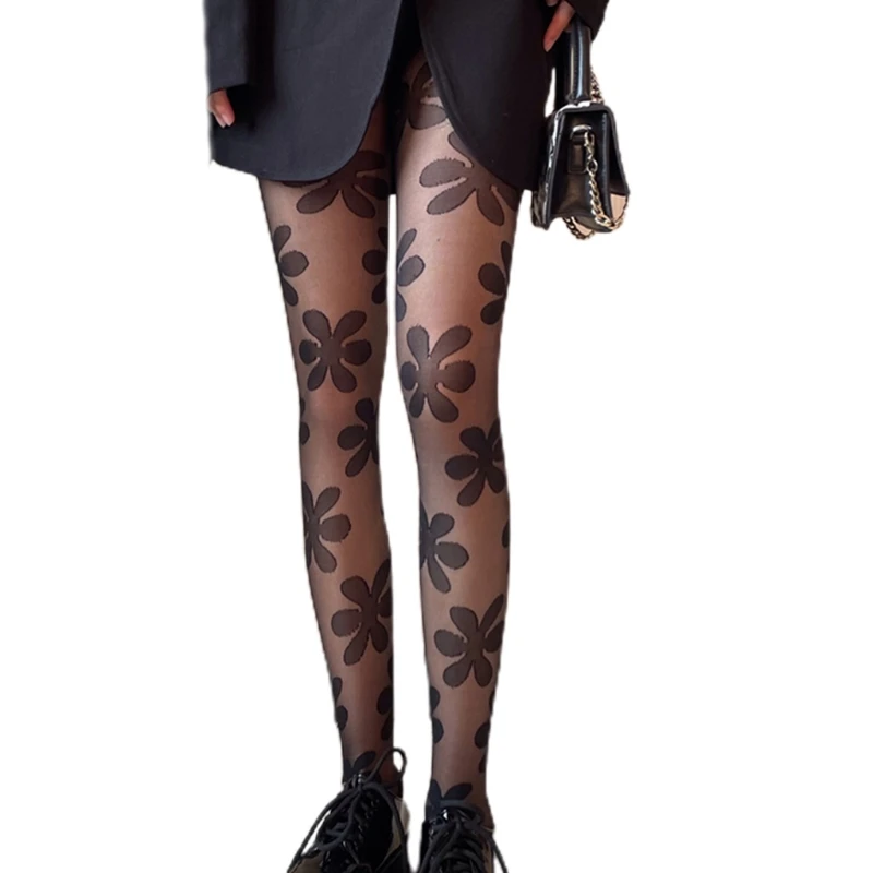 

Women Dark Goth Punk Black Pantyhose Harajuku Big Flower Patterned Sheer Tights Jacquard Sexy See-Through Leggings