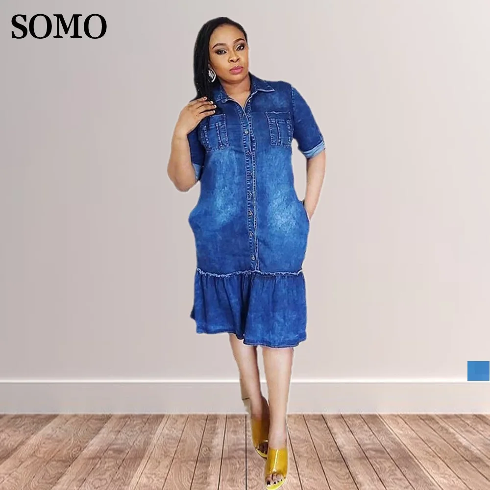 

Africa Ladies Dresses Plus Size Women Clothing Washed Fashion Patchwork Denim Dress Elegant Lapel Blue Wholesale Dropshipping