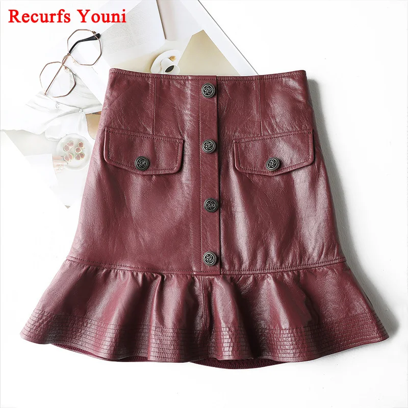 

Women Celebrity Leather Mini Skirt Female 100% Sheepskin Lotus Leaf Swing FishTail Saia Mujer Burgundy Sexy Short Wrap Jupe