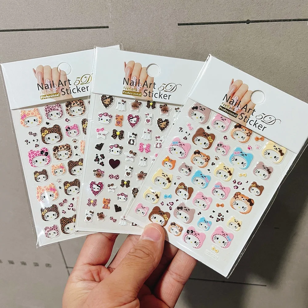สติ๊กเกอร์ติดเล็บลายเสือดาว 5D ลายเฮลโลคิตตี้ 2/3 ชิ้น ลายโบว์หัวแมว ลายหัวใจ แบบมีกาวในตัว สำหรับตกแต่งเล็บ ลายผ้าพันคอ ลายหมวก