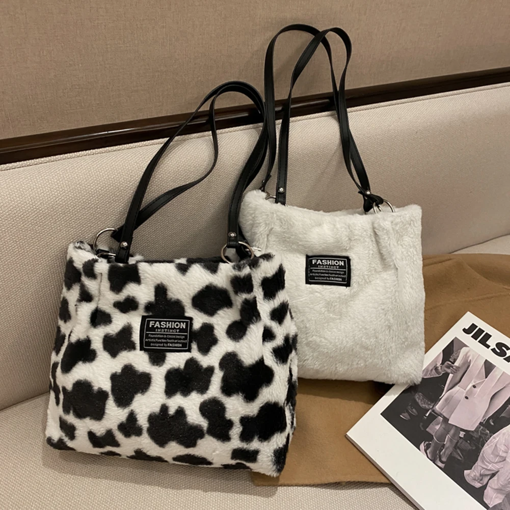 Plush Tote Bag for Women Furry Zebra Cow Shoulder Bag Fluffy Cute Totes Faux Fur Handbag Shopping Bag Girls Stylish Purse 2023