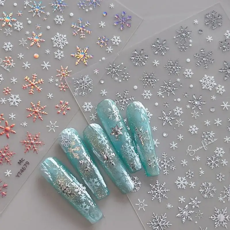 DIY Nail Art Decoration Cartoon Christmas Nail Art Sticker With Gold/Silver Snowflakes Iridescent Sparkle Manicure Decals