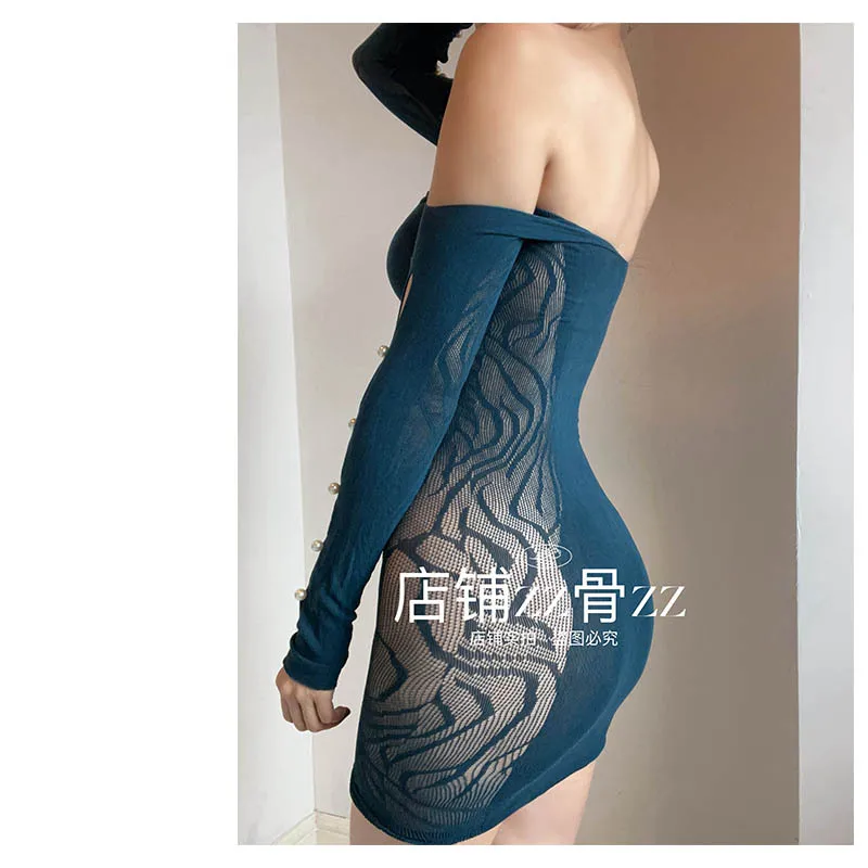 Nova malha feminina emenda fora do ombro elástico hip abraçando transparente sexy hip manga longa vestido elegante azul doce topo 6x36