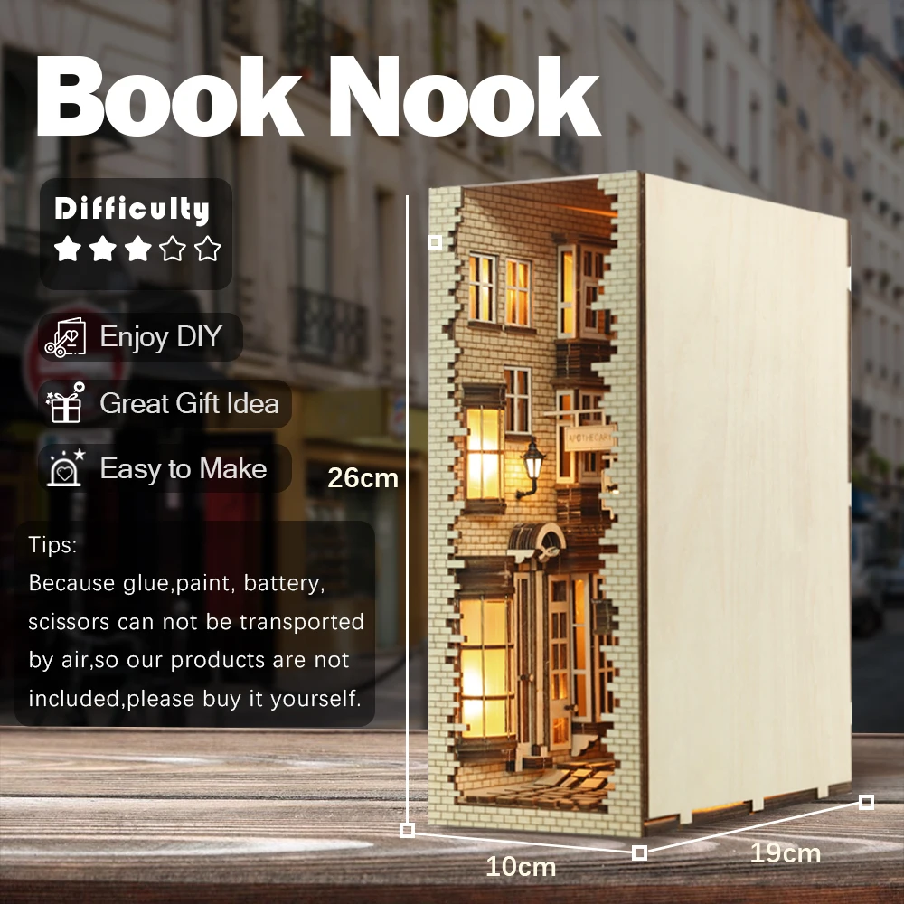 CUTEBEE Book Nook Kit Mysteriou starożytna ulica DIY Bookend ze światłem wieczne księgarnia regał wstaw regał Model budynku