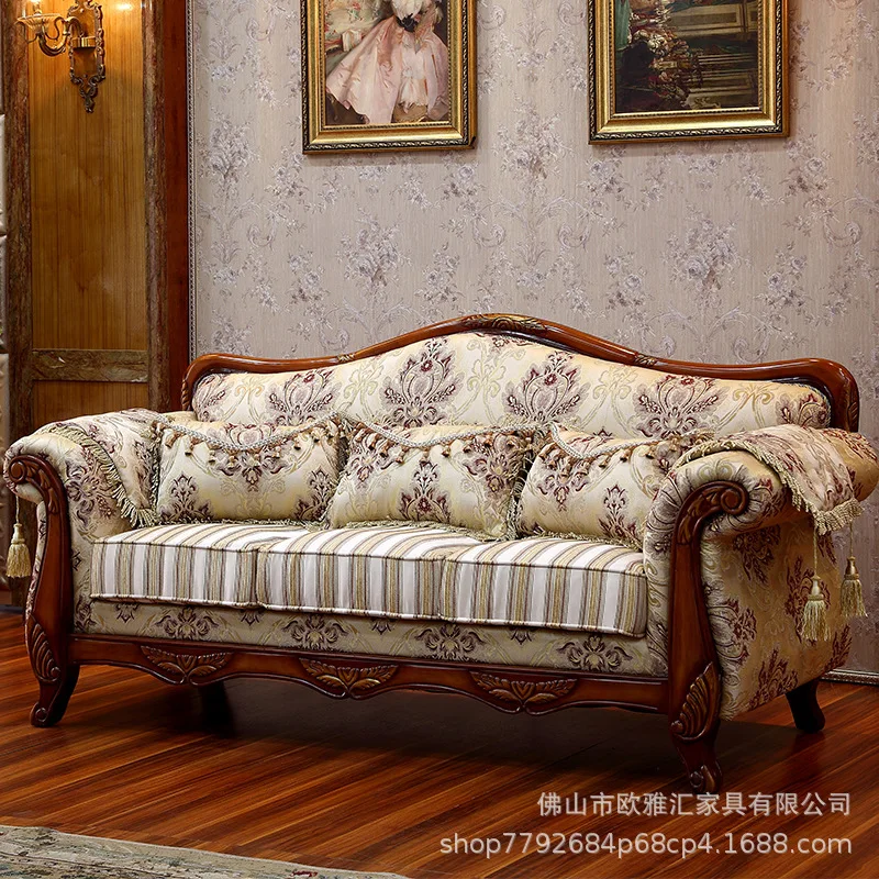 European Fabric Sofa Living Room Complete Combination Full Solid Wood Carving Flower Double American Small Apartment Simple Thre