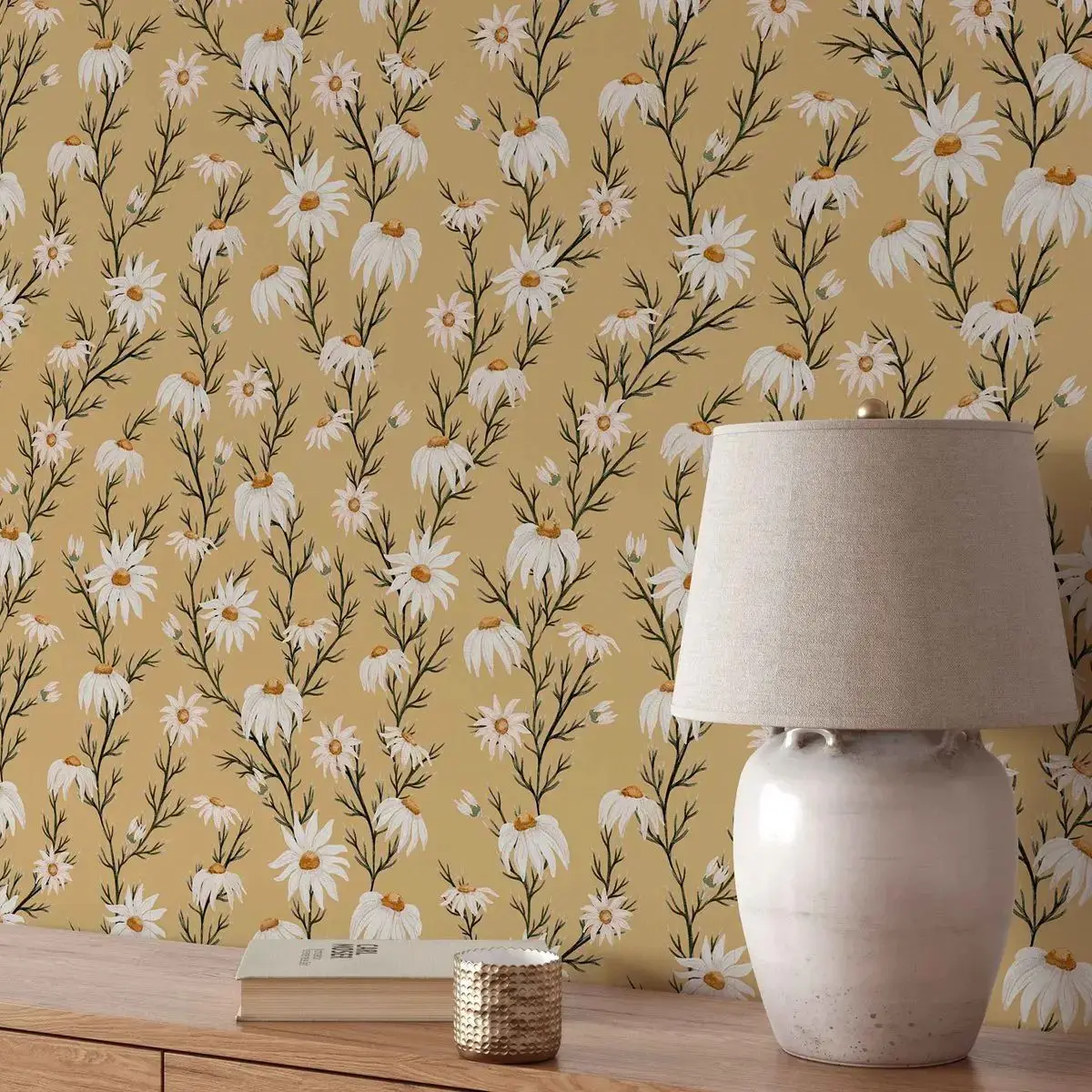 Wild Daisy Wallpaper Peel and Stick ,Self-adhesive or Traditional Un-pasted Yellow Floral Wall Paper For Home Decoration Wal Art