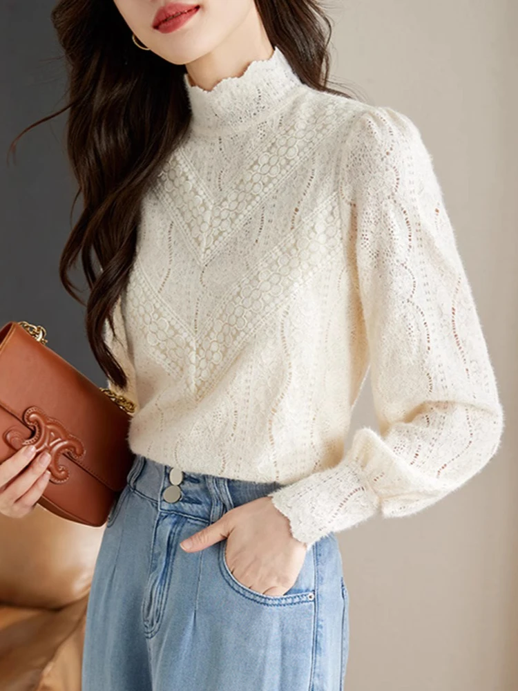 

Autumn Winter Soft Warm Cashmere Turtleneck Women Sweaters Knitted Slim Pullover 2025 Lace Base Shirt Velvet Sweater Casual Tops