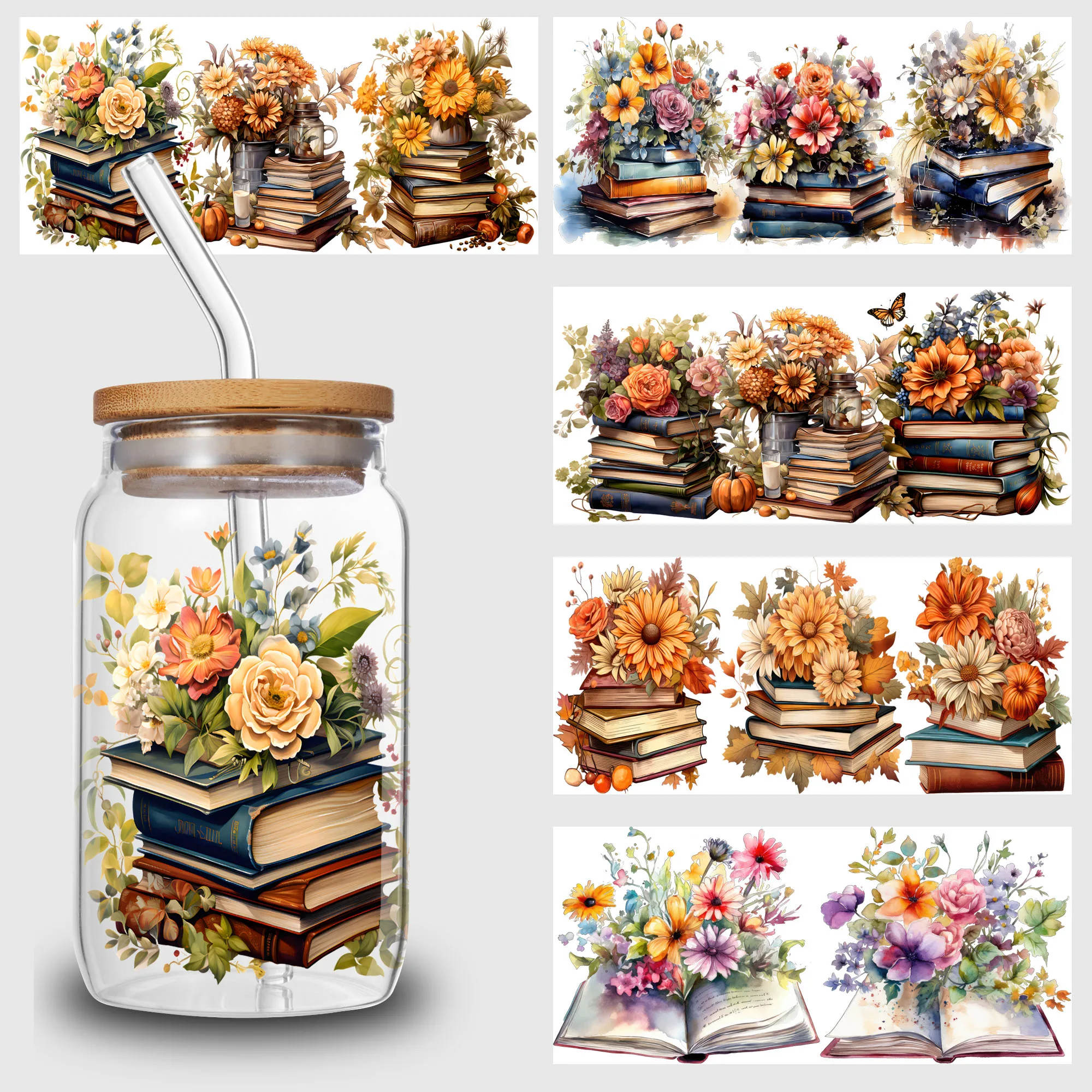 5 Sheets Book and Flower UV DTF Cup Stickers, Glass DTF Transfer Stickers, Waterproof Wipe Transfer Paper for 16 oz Glass, Mugs