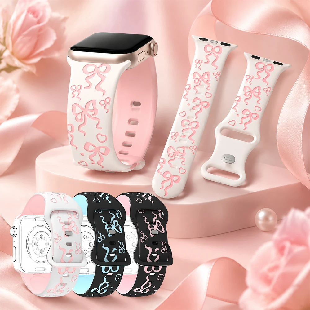 Uhrenarmband für Apple Watch 38 40 41 42 44 45 46 49mm, Weiches, Bequemes, Niedliches Silikon-Armband mit Schleife für iWatch Serie 10 987 654SE