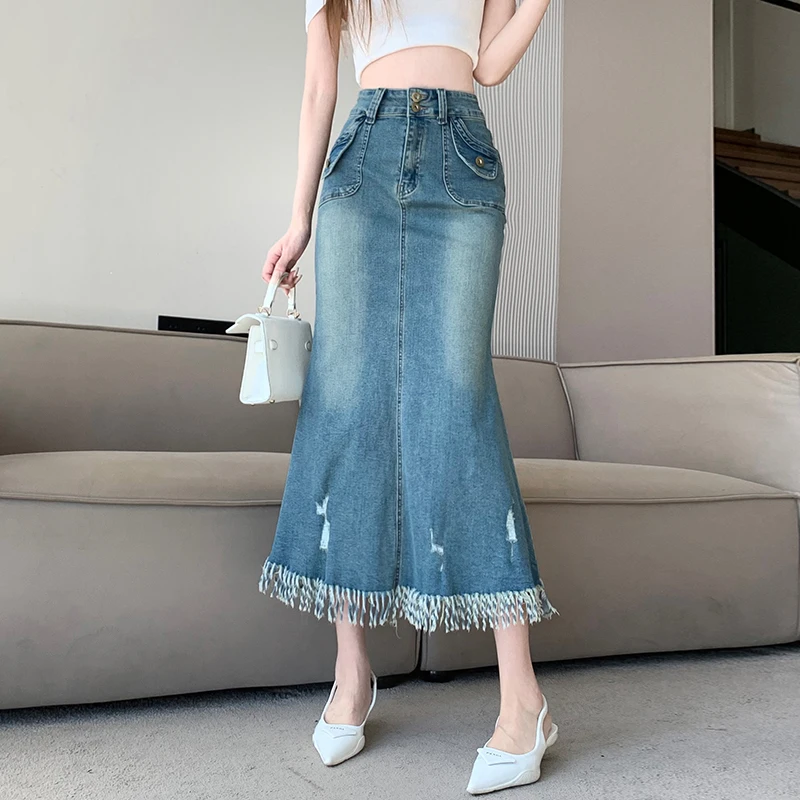 Tassel Fishtail Denim Skirts for Women 2025 Spring Retro Fashion Slim Skirts Casual High Waist Pockets Mid Skirts New Streetwear