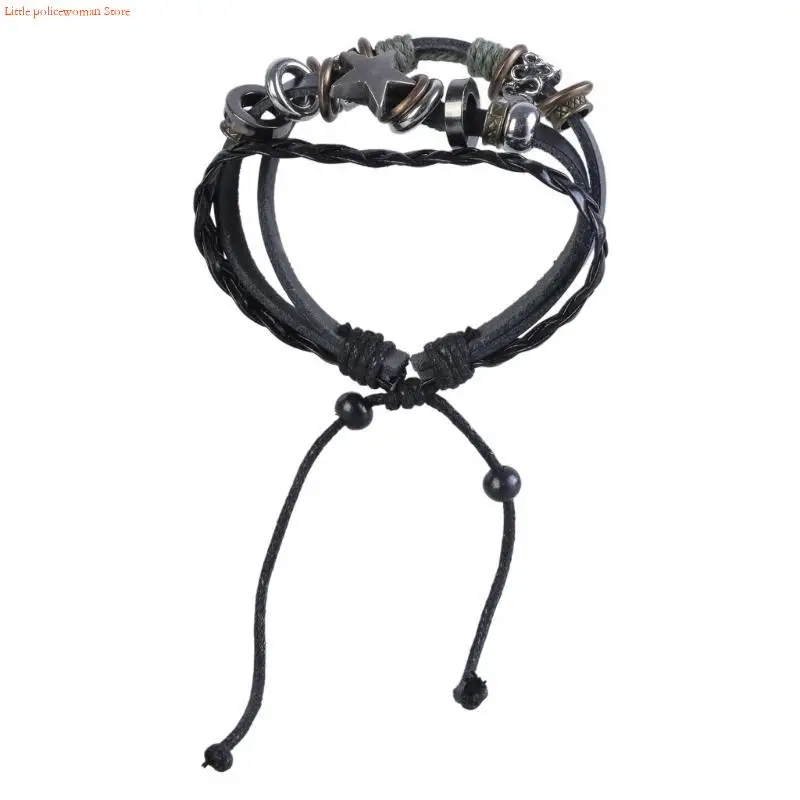 F92D Fashion Woven Bracelet MultiLayer Leather Bracelet Star Beaded Bracelet Jewelry