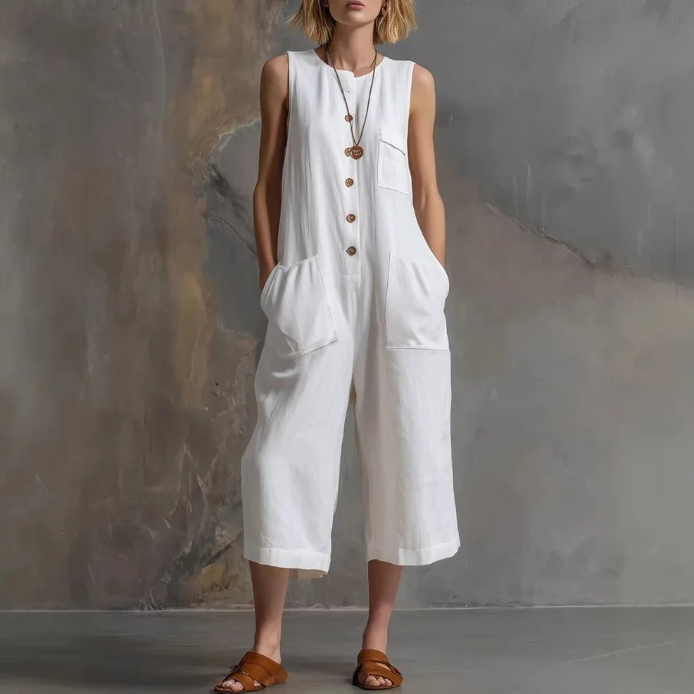 Fashion Cotton Linen Sleeveless Pocket Jumpsuit Women'S Autumn Casual Loose Solid Color Shirt Jumpsuit Female Rompers