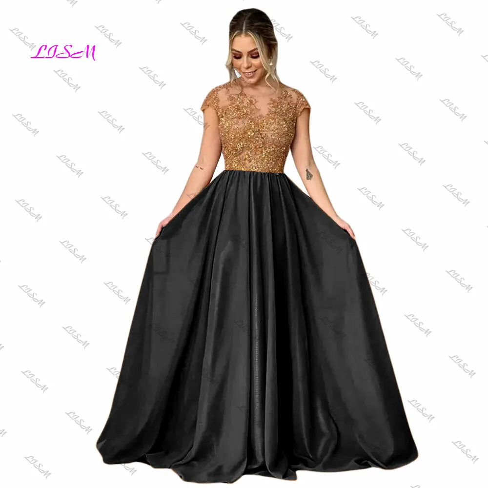 Elegante A-Line Chiffon Abendkleid Lange Perlen Appliques Scoop Kappen-hülsen Abendkleider Illusion Zurück Formal Anlass Kleider