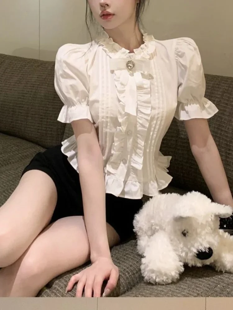 Lnsozkdg Puff Sleeve Shirts Women White Ruffles Elegant Summer Vintage Office Lady Aesthetic Mature Sweet Minority Sexy Clothing