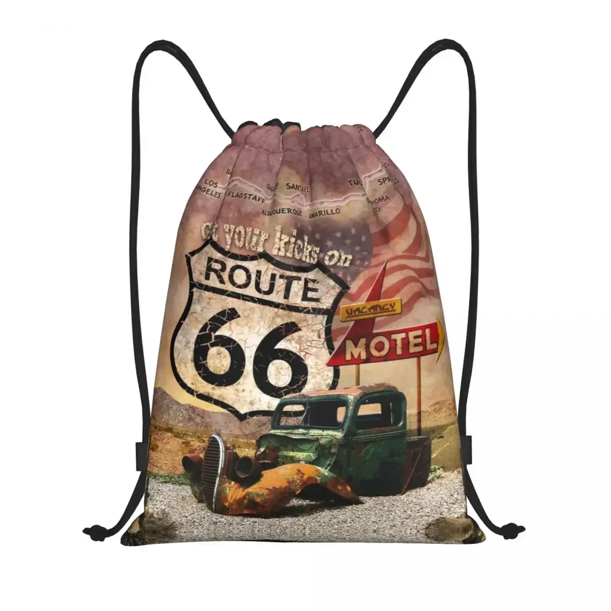 

Custom Get Your Kicks On Route 66 Drawstring Bags Women Men Lightweight USA Highways Road Sign Sports Gym Storage Backpack