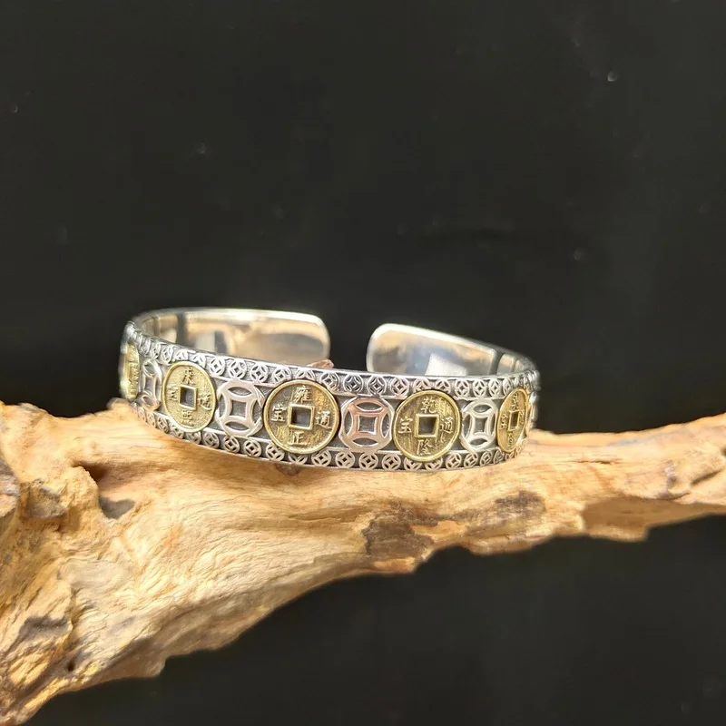 S925  Bracelet, Vintage Jinbao Copper Bangle, Unisex Open Silver Jewelry With Heart Sutra