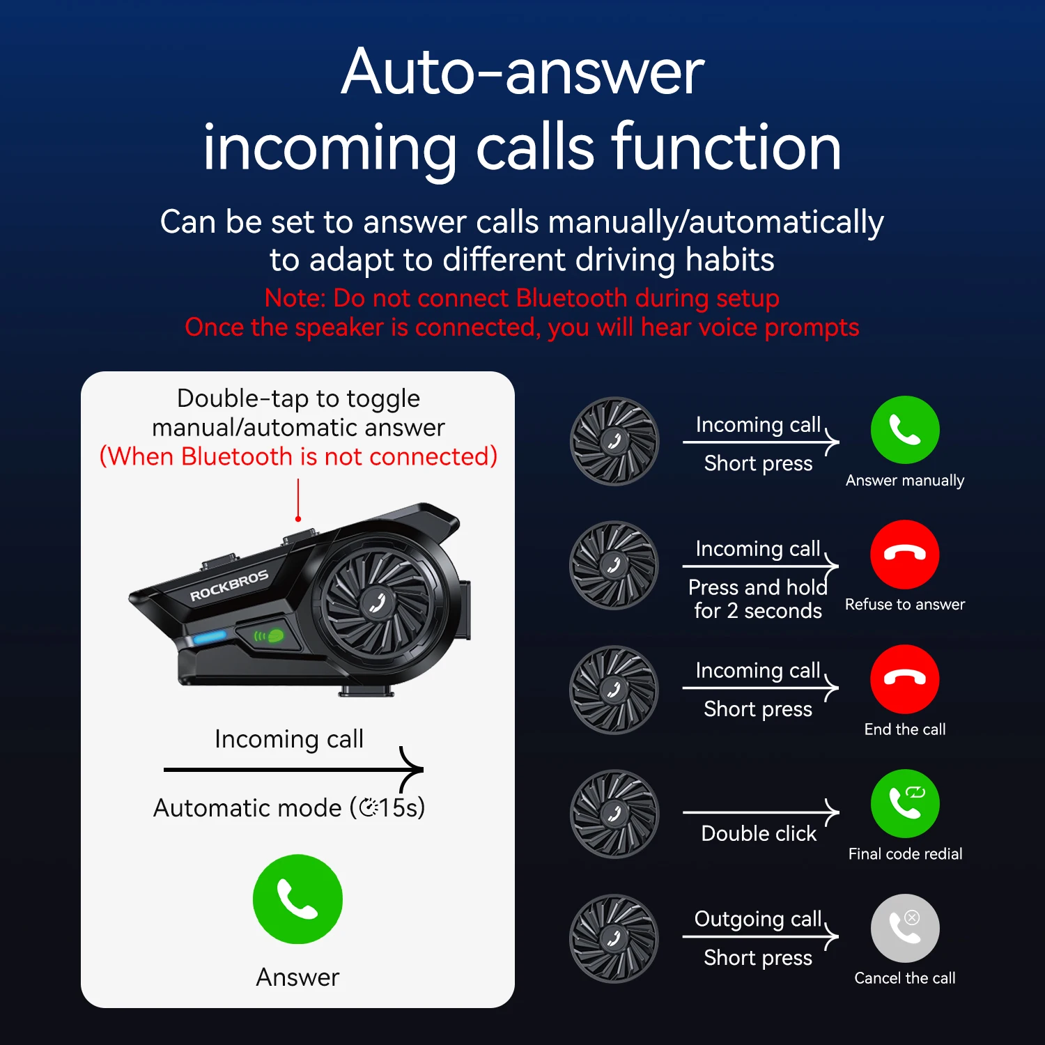 ROCKBROS Bluetooth-Headset, Motorradhelm, Bluetooth-Headset, 18-Stunden-Akku, wasserdicht, voller Halbhelm, Bluetooth-Headset