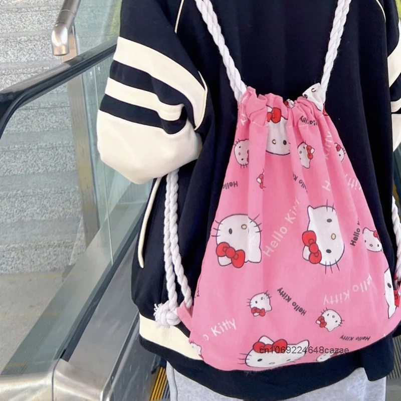 Sanrio Hello Kitty Trend Cute Drawstring Backpack Female Korean Style Convenient Casual Shoulders Bag Large Capacity Storage Bag