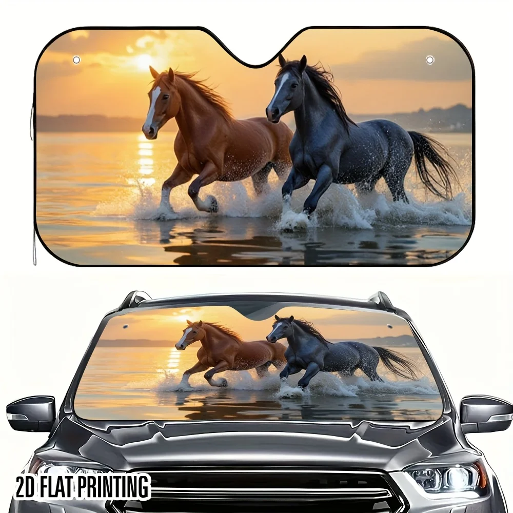 1pc 2D Flat Sunset Galloping Horse Map Design Car Windshield Sun Shade – Universal Fit, Stylish & Cool, Front Window Sun Visor,