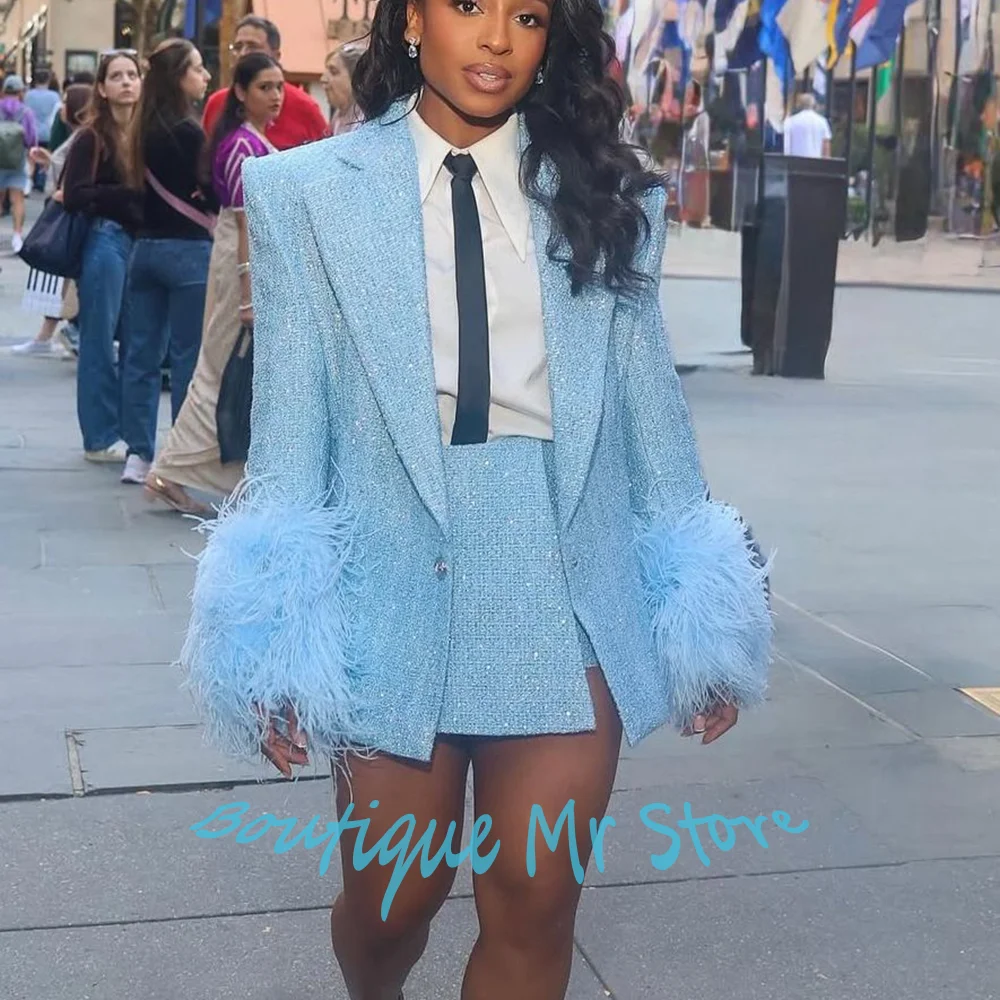 Light Blue Tweed Women's Jacket Skirt Sets with Feather Cuffs Single Button Notch Lapel Blazer 2Piece Set for Chic Streetwear
