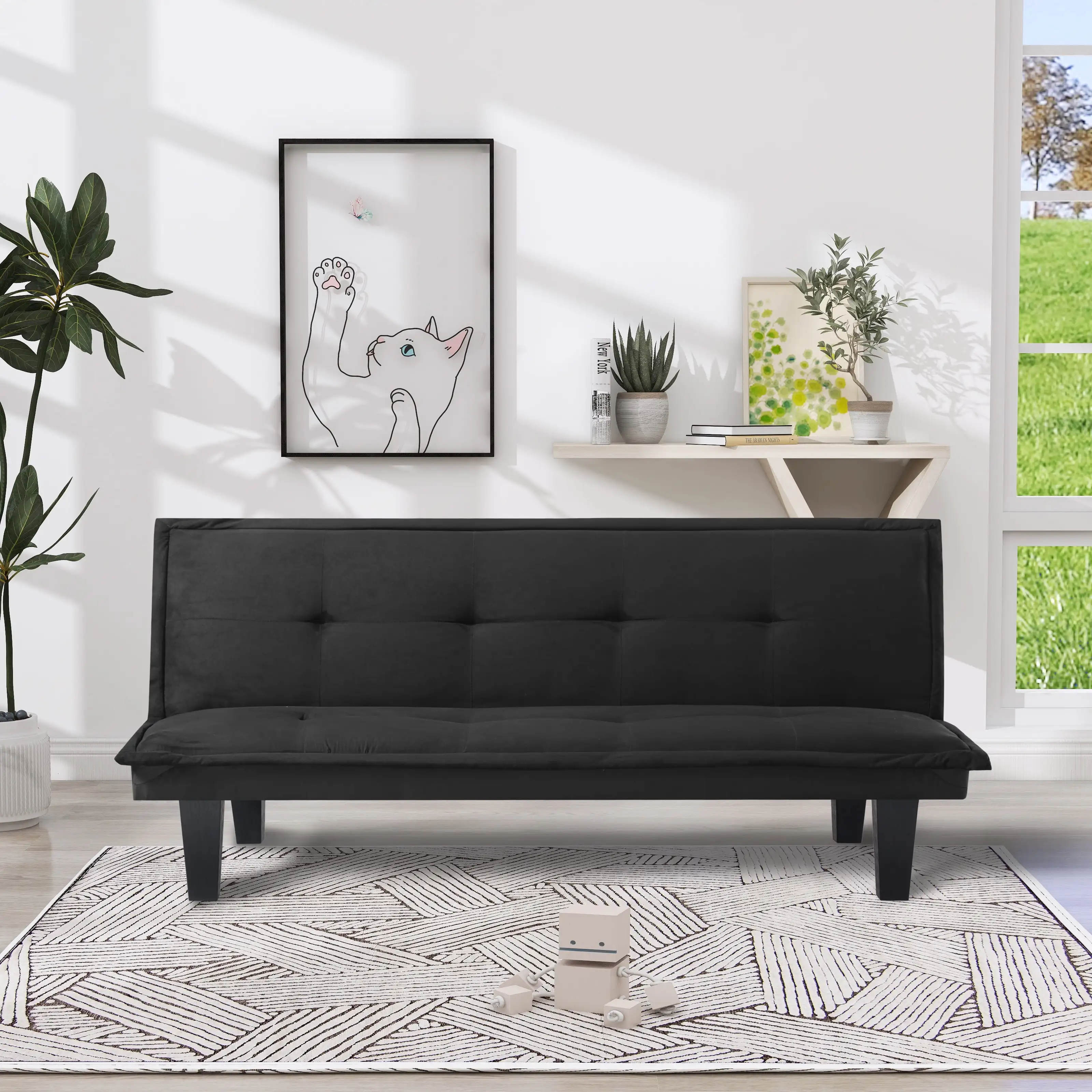 

63.8” Modern Futon Sofa bed, Faux Suede Convertible Sofa Couch for Livingroom(Black)