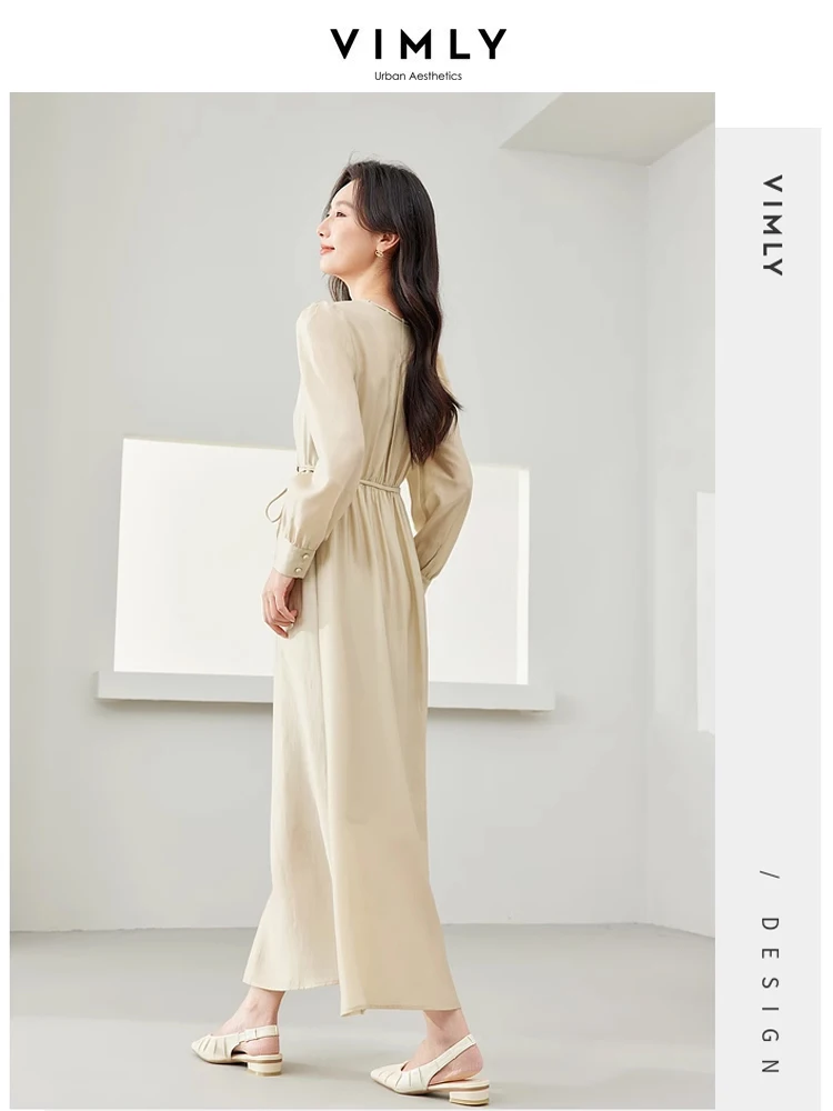 Vimly Elegant Maxi Dress 2024 Spring Light Khaki French Style V-neck Puff Sleeve Lyocell Tie Belt A-line Long Wrap Dresses M5808