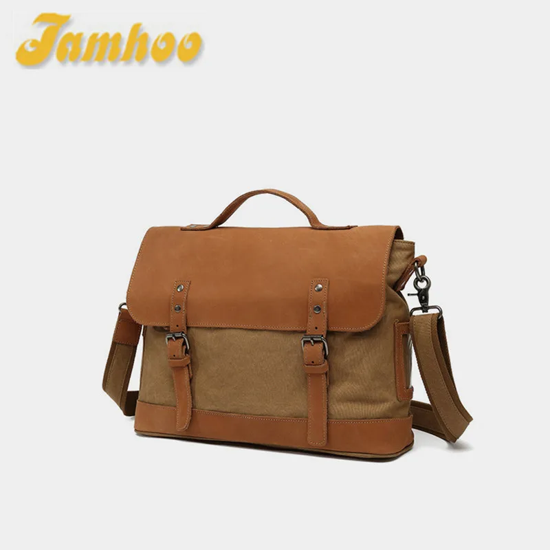 

Jamhoo Vintage Leather + Canvas Men Briefcase Business Bag Portfolio Men Office Bag Male Canvas Briefcase Attache Case Document