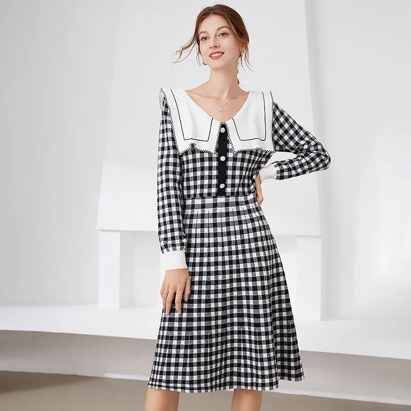 

Dress 2021 New Plaid Navy Collar Age-reducing Knit Wool Dress Medium Long College Style Sweet Women's Dress Maxi Dress