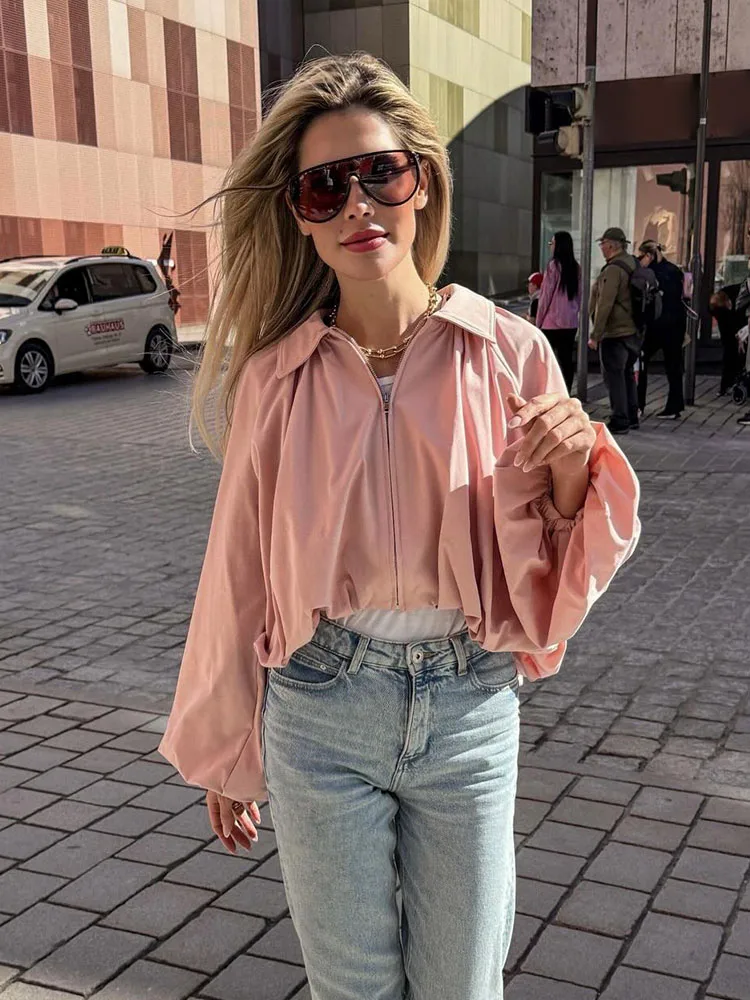 HH Women Fashion Short Coat Solid Lapel Balloon Sleeve Bomber Coat Female Casual Loose Pleated Zipper Decoration Street Jacket