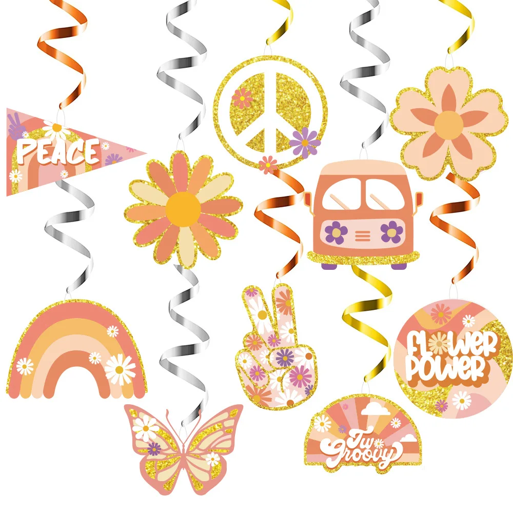 1set Hippie Two Groovy Bohemian Party Paper Banner Spiral Cake Topper Sticker Kids Birthday Wedding Party Decoration DIY Supplie