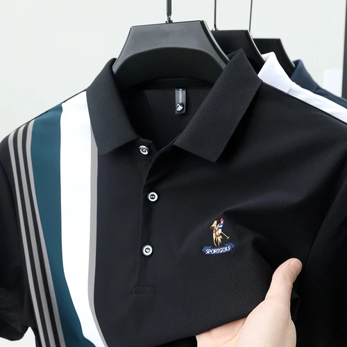 Imagen 2 del producto Polo de manga corta de marca de verano para hombre, camiseta de negocios informal con bordado de Pony Original a la moda, diseño de rayas personalizado