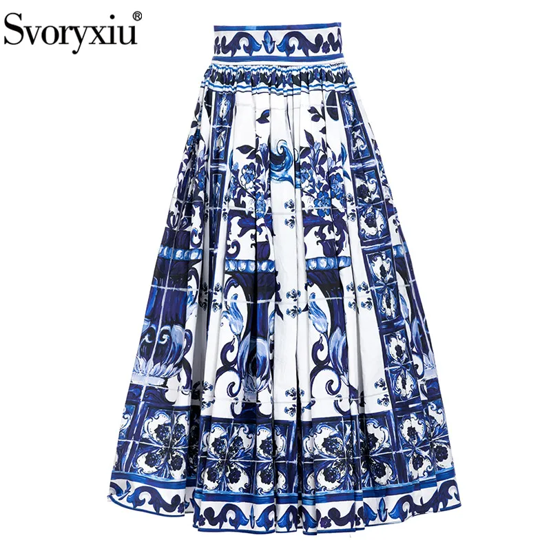 Svoryxiu Fashion Summer Runway Vintage Cotton Skirt Women\'s High Quality Floral Print High Waist Slim Ethnic Party Midi Skirt