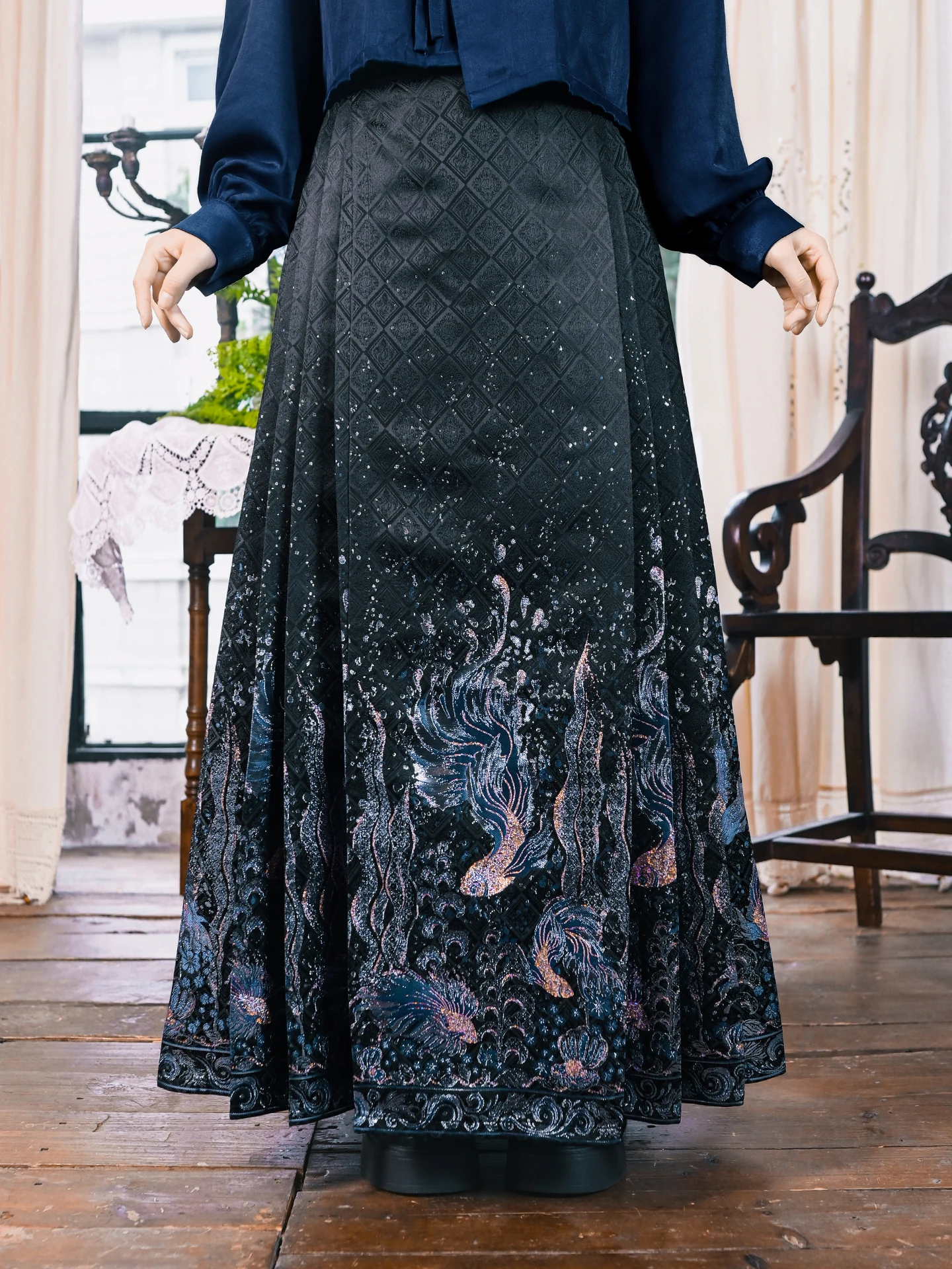 

Dr Weave Gold Pleated Fi Print Hanfu Sle f Skirt A-Line High Waist Polyester Fiber Original Hand-Dn Design