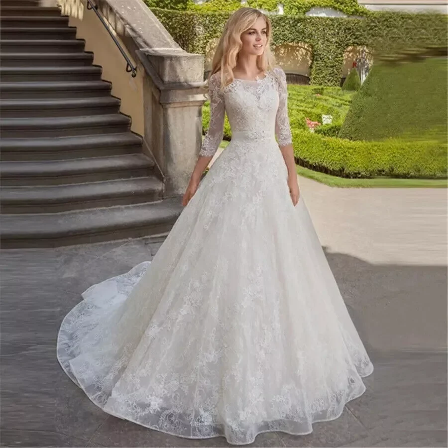 

Elegant A-Line Lace Wedding Dresses O-Neck Long Sleeved Appliques Ivory Bridal Gown Customized