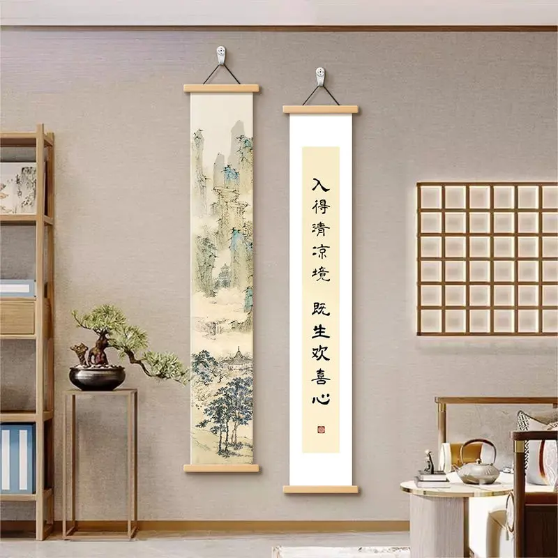 Wall Art Chinese Calligraphy on Ivory Scroll Zen Minimalism Pearlescent Canvas Hanging Scroll with Wooden Rods for Tea Room