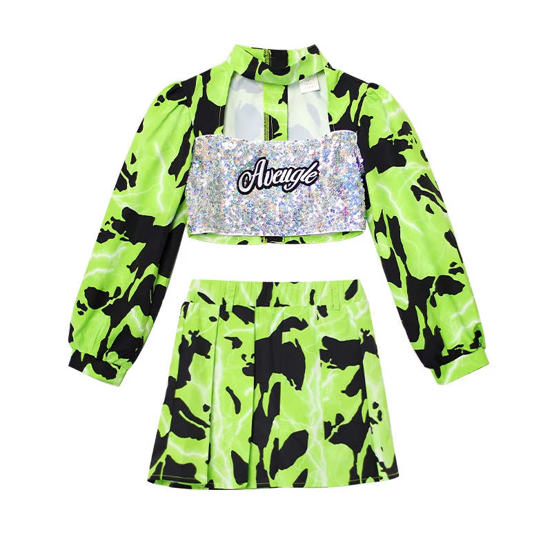 Kids Catwalk Show Outfits Jazz Dance Clothes For Girls Sequin Tops Green Skirt Suit Modern Street Dance Hip Hop Suit