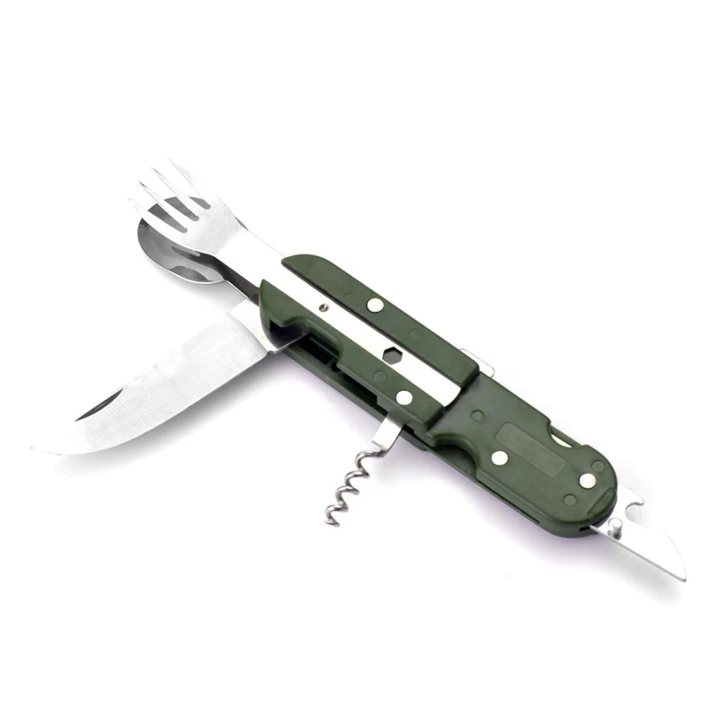 Cuchillo de Picnic plegable para acampada, cuchillo portátil de acero inoxidable, tenedor verde militar, cuchara, abrebotellas, vajilla, Kit de viaje