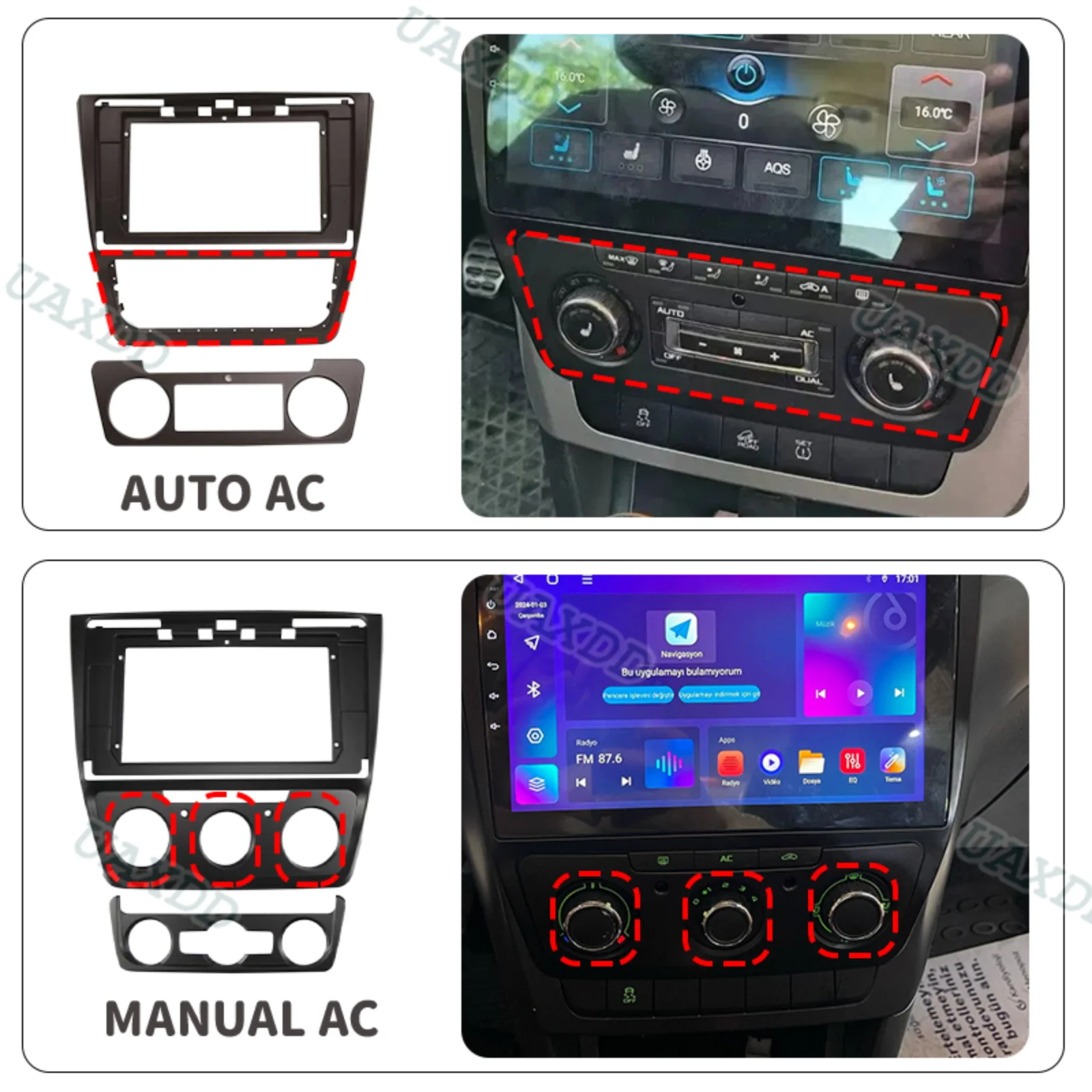 2 Din Car Panel A/C Android Frame Fascia Dashboard Air Conditioning Vent Grille Assembly 10.1INCH Radio For 2014-2018 Skoda Yeti