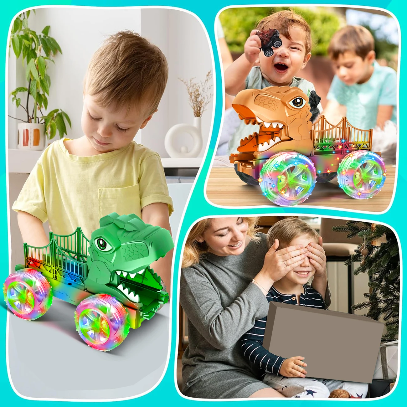 ألعاب شاحنة الديناصورات للأطفال من سن 3 إلى 6 سنوات شاحنة حامل سيارة النقل Tyrannosaurus، مجموعة ألعاب أضواء ملونة LED للأولاد والبنات #4